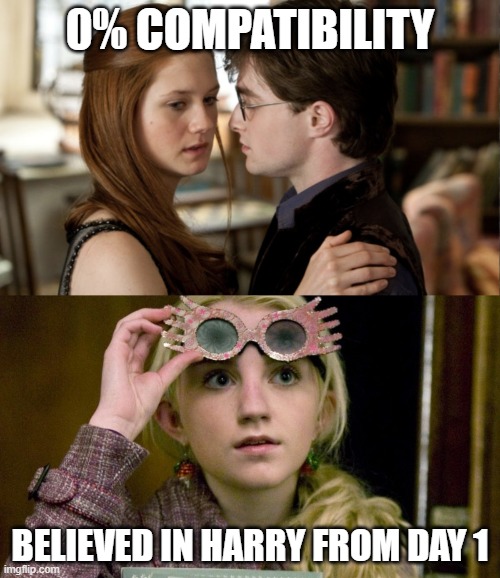 biggest disappointment in harry potter ever | 0% COMPATIBILITY; BELIEVED IN HARRY FROM DAY 1 | image tagged in luna lovegood,harry potter | made w/ Imgflip meme maker