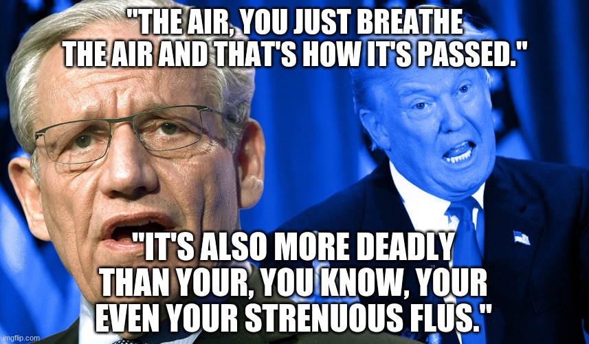 Trump speaking to Bob Woodward - Feb 7, 2020 | "THE AIR, YOU JUST BREATHE THE AIR AND THAT'S HOW IT'S PASSED."; "IT'S ALSO MORE DEADLY THAN YOUR, YOU KNOW, YOUR EVEN YOUR STRENUOUS FLUS." | image tagged in trump woodward | made w/ Imgflip meme maker