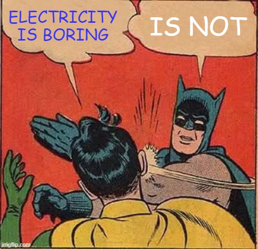 Batman Slapping Robin | ELECTRICITY IS BORING; IS NOT | image tagged in memes,batman slapping robin | made w/ Imgflip meme maker