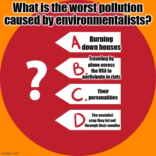 MULTIPLE CHOICE | What is the worst pollution caused by environmentalists? Burning down houses Traveling by plane across the USA to participate in riots Their | image tagged in multiple choice | made w/ Imgflip meme maker