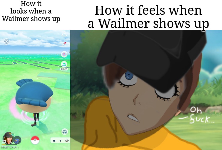 Didn't draw it all my self. Used a base and edited it. | How it looks when a Wailmer shows up; How it feels when a Wailmer shows up | image tagged in pokemon go,oh no | made w/ Imgflip meme maker