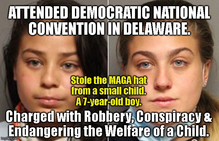 ATTENDED DEMOCRATIC NATIONAL
CONVENTION IN DELAWARE. Stole the MAGA hat
from a small child.
A 7-year-old boy. Charged with Robbery, Conspiracy &
Endangering the Welfare of a Child. | made w/ Imgflip meme maker