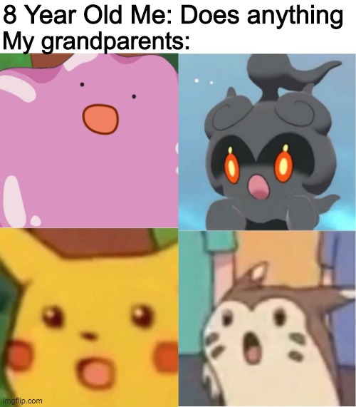 4 pokemon of shocc | 8 Year Old Me: Does anything; My grandparents: | image tagged in surprised pikachu,surprised ditto,surprised marshadow,surprised furret,surprised everyone | made w/ Imgflip meme maker