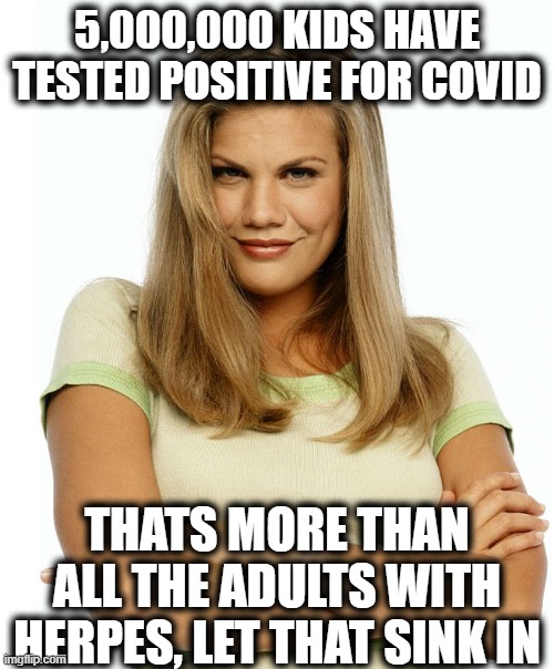 You would not want herpes would you? Why would you want covid? | 5,000,000 KIDS HAVE TESTED POSITIVE FOR COVID; THATS MORE THAN ALL THE ADULTS WITH HERPES, LET THAT SINK IN | image tagged in kirsten,coronavirus,funny not funny,herpes,wear a mask,maga | made w/ Imgflip meme maker