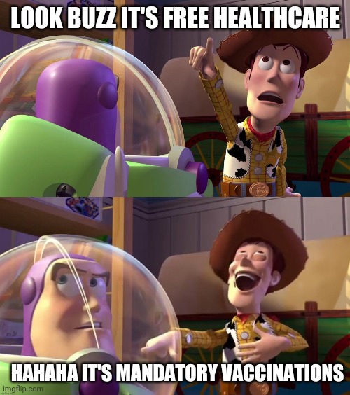 Toy Story funny scene | LOOK BUZZ IT'S FREE HEALTHCARE; HAHAHA IT'S MANDATORY VACCINATIONS | image tagged in toy story funny scene | made w/ Imgflip meme maker
