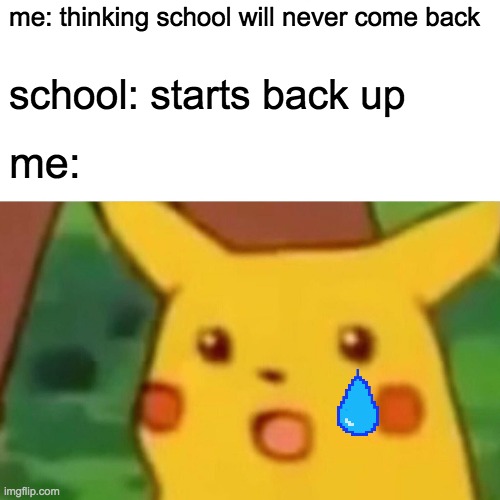 Surprised Pikachu Meme | me: thinking school will never come back; school: starts back up; me: | image tagged in memes,surprised pikachu | made w/ Imgflip meme maker