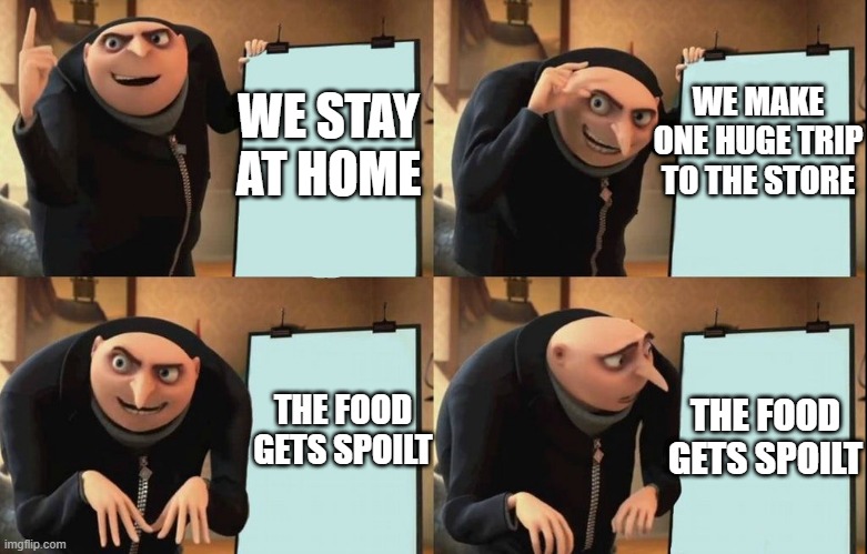 Gru's Plan | WE MAKE ONE HUGE TRIP TO THE STORE; WE STAY AT HOME; THE FOOD GETS SPOILT; THE FOOD GETS SPOILT | image tagged in despicable me diabolical plan gru template | made w/ Imgflip meme maker