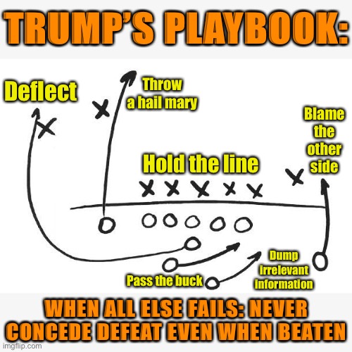 He’s been running the same play for years. Why? It always works. | TRUMP’S PLAYBOOK:; Throw a hail mary; Deflect; Blame the other side; Hold the line; Dump irrelevant information; Pass the buck; WHEN ALL ELSE FAILS: NEVER CONCEDE DEFEAT EVEN WHEN BEATEN | image tagged in blank playbook,trump,donald trump,blame,propaganda,trump president | made w/ Imgflip meme maker