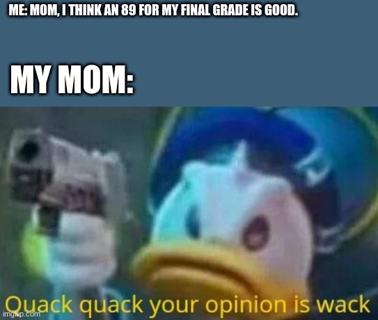Raise your hand if you've experienced the same thing. | ME: MOM, I THINK AN 89 FOR MY FINAL GRADE IS GOOD. MY MOM: | image tagged in quack quack your opinion is wack | made w/ Imgflip meme maker