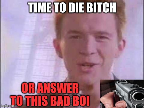 no noob | TIME TO DIE BITCH; OR ANSWER TO THIS BAD BOI | image tagged in rick roll | made w/ Imgflip meme maker