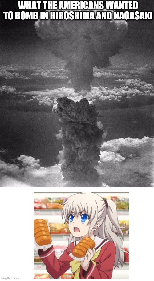 bye bye anime >:3 | WHAT THE AMERICANS WANTED TO BOMB IN HIROSHIMA AND NAGASAKI | image tagged in hiroshima,anime,nagasaki,me irl | made w/ Imgflip meme maker