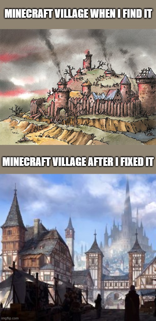 I can't be the only one | MINECRAFT VILLAGE WHEN I FIND IT; MINECRAFT VILLAGE AFTER I FIXED IT | image tagged in minecraft | made w/ Imgflip meme maker
