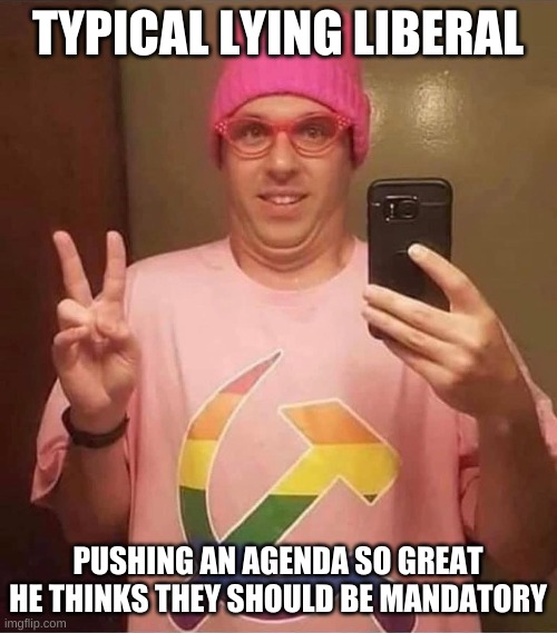 Radical Left Wing Democrat Socialist Pink Pussy hat | TYPICAL LYING LIBERAL PUSHING AN AGENDA SO GREAT HE THINKS THEY SHOULD BE MANDATORY | image tagged in radical left wing democrat socialist pink pussy hat | made w/ Imgflip meme maker