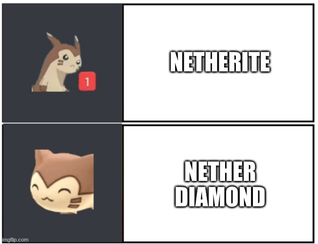 pokemon cave update | NETHERITE; NETHER DIAMOND | image tagged in furret meme template | made w/ Imgflip meme maker