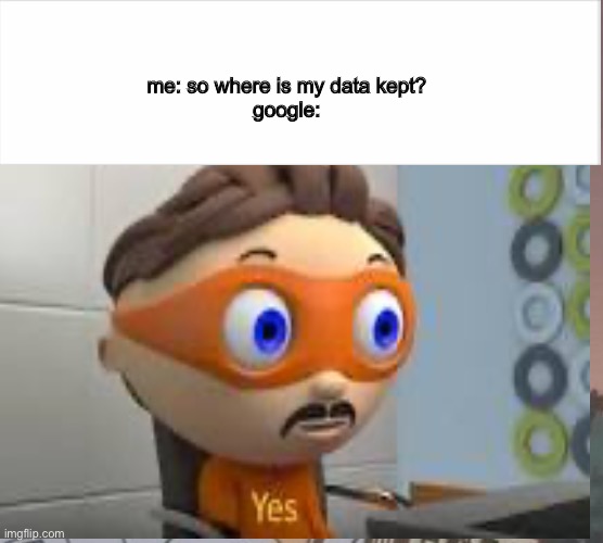 google be sneeke tho | me: so where is my data kept? 

google: | image tagged in yes,google,funny memes | made w/ Imgflip meme maker