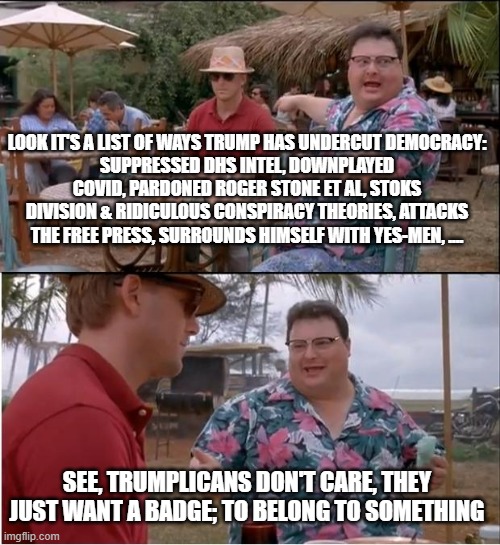 Trumplicans Don't Care, Everyone is Too Exhausted | LOOK IT'S A LIST OF WAYS TRUMP HAS UNDERCUT DEMOCRACY:
SUPPRESSED DHS INTEL, DOWNPLAYED COVID, PARDONED ROGER STONE ET AL, STOKS DIVISION & RIDICULOUS CONSPIRACY THEORIES, ATTACKS THE FREE PRESS, SURROUNDS HIMSELF WITH YES-MEN, .... SEE, TRUMPLICANS DON'T CARE, THEY JUST WANT A BADGE; TO BELONG TO SOMETHING | image tagged in memes,see nobody cares,trump,election 2020,biden,corruption | made w/ Imgflip meme maker