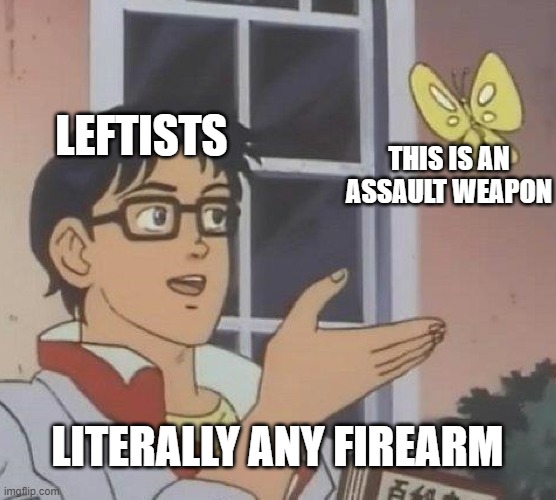 Is This A Pigeon Meme | LEFTISTS THIS IS AN ASSAULT WEAPON LITERALLY ANY FIREARM | image tagged in memes,is this a pigeon | made w/ Imgflip meme maker