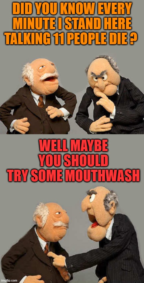 misunderstanding |  DID YOU KNOW EVERY MINUTE I STAND HERE TALKING 11 PEOPLE DIE ? WELL MAYBE YOU SHOULD TRY SOME MOUTHWASH | image tagged in muppets,kewlew | made w/ Imgflip meme maker