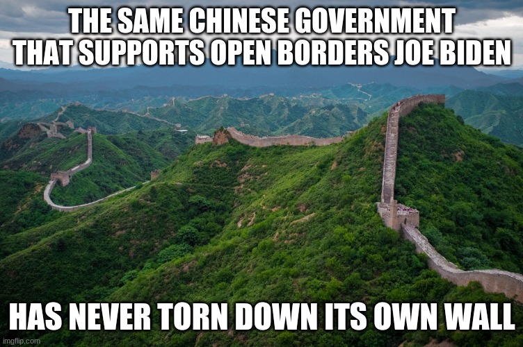 Tear it down |  THE SAME CHINESE GOVERNMENT THAT SUPPORTS OPEN BORDERS JOE BIDEN; HAS NEVER TORN DOWN ITS OWN WALL | image tagged in great wall of china,china owns joe biden,tear down that wall,never joe biden,symbol of hate,buy american | made w/ Imgflip meme maker