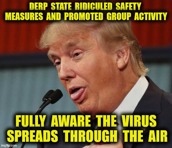 The Last Straw? | DERP  STATE  RIDICULED  SAFETY  MEASURES  AND  PROMOTED  GROUP  ACTIVITY; FULLY  AWARE  THE  VIRUS  SPREADS  THROUGH  THE  AIR | image tagged in trump pence 2020,covid-19,derp state,lies,memes | made w/ Imgflip meme maker