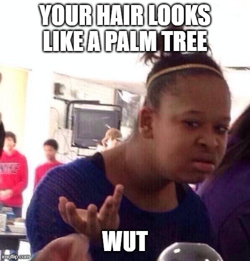 Black Girl Wat | YOUR HAIR LOOKS LIKE A PALM TREE; WUT | image tagged in memes,black girl wat | made w/ Imgflip meme maker