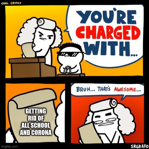 cool crimes | GETTING RID OF ALL SCHOOL AND CORONA | image tagged in cool crimes | made w/ Imgflip meme maker