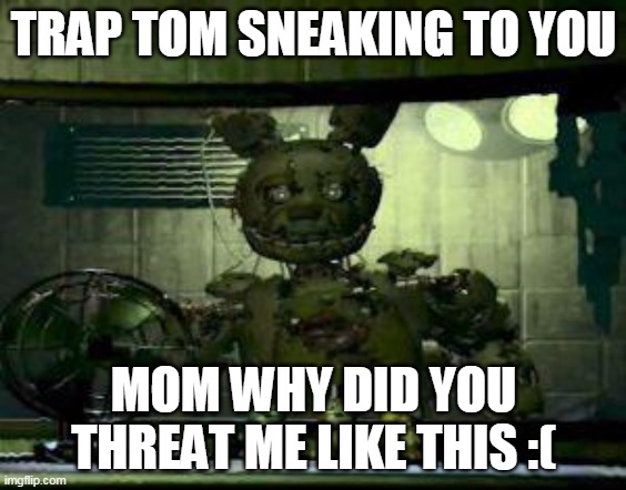 poor tom :( | TRAP TOM SNEAKING TO YOU; MOM WHY DID YOU THREAT ME LIKE THIS :( | image tagged in fnaf springtrap in window | made w/ Imgflip meme maker