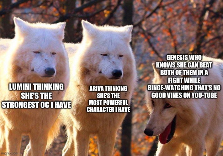 Memes with no context no. 2 | GENESIS WHO KNOWS SHE CAN BEAT BOTH OF THEM IN A FIGHT WHILE BINGE-WATCHING THAT'S NO GOOD VINES ON YOU-TUBE; ARIVA THINKING SHE'S THE MOST POWERFUL CHARACTER I HAVE; LUMINI THINKING SHE'S THE STRONGEST OC I HAVE | image tagged in grump wolves | made w/ Imgflip meme maker