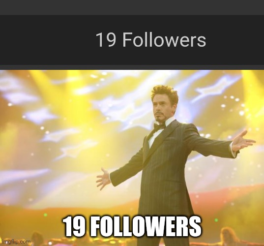 19 followers | 19 FOLLOWERS | image tagged in tony stark success | made w/ Imgflip meme maker