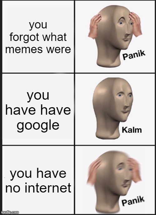Panik Kalm Panik Meme | you forgot what memes were; you have have google; you have no internet | image tagged in memes,panik kalm panik | made w/ Imgflip meme maker