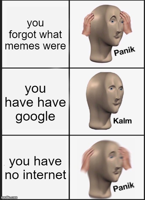 Panik Kalm Panik | you forgot what memes were; you have have google; you have no internet | image tagged in memes,panik kalm panik | made w/ Imgflip meme maker