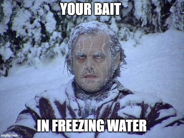 Jack Nicholson The Shining Snow | YOUR BAIT; IN FREEZING WATER | image tagged in memes,jack nicholson the shining snow,fishing,funny,cold | made w/ Imgflip meme maker