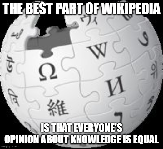 Wikipedia | THE BEST PART OF WIKIPEDIA; IS THAT EVERYONE'S OPINION ABOUT KNOWLEDGE IS EQUAL | image tagged in wikipedia | made w/ Imgflip meme maker