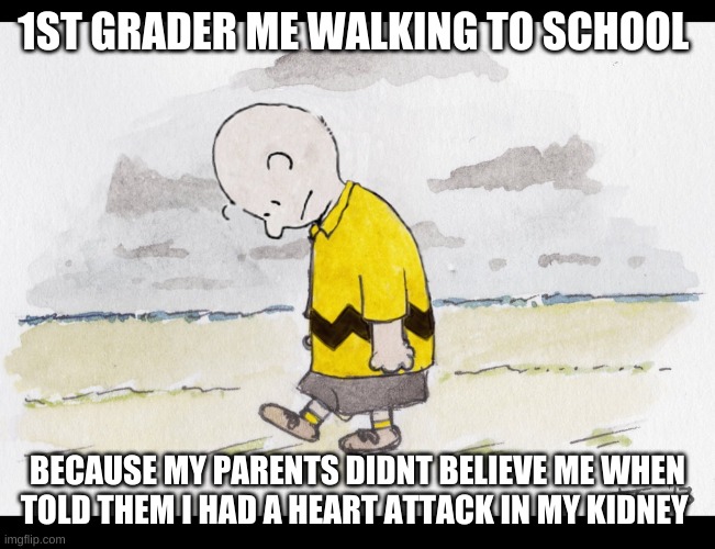 hospital | 1ST GRADER ME WALKING TO SCHOOL; BECAUSE MY PARENTS DIDNT BELIEVE ME WHEN TOLD THEM I HAD A HEART ATTACK IN MY KIDNEY | image tagged in charlie brown sad walk | made w/ Imgflip meme maker