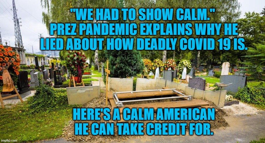 "Keep Calm And Lie"--President Pandemic | "WE HAD TO SHOW CALM."  PREZ PANDEMIC EXPLAINS WHY HE LIED ABOUT HOW DEADLY COVID 19 IS. HERE'S A CALM AMERICAN HE CAN TAKE CREDIT FOR. | image tagged in politics | made w/ Imgflip meme maker