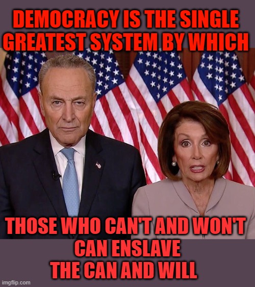 just the facts jack | DEMOCRACY IS THE SINGLE GREATEST SYSTEM BY WHICH; THOSE WHO CAN'T AND WON'T 
CAN ENSLAVE THE CAN AND WILL | image tagged in democrats,communism,joe biden,2020 elections | made w/ Imgflip meme maker