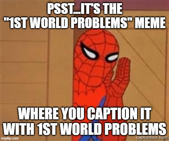 psst spiderman | PSST...IT'S THE "1ST WORLD PROBLEMS" MEME WHERE YOU CAPTION IT WITH 1ST WORLD PROBLEMS | image tagged in psst spiderman | made w/ Imgflip meme maker