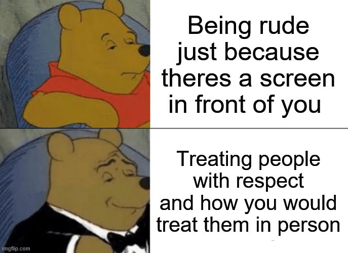 memememememememememememe | Being rude just because theres a screen in front of you; Treating people with respect and how you would treat them in person | image tagged in memes,tuxedo winnie the pooh | made w/ Imgflip meme maker