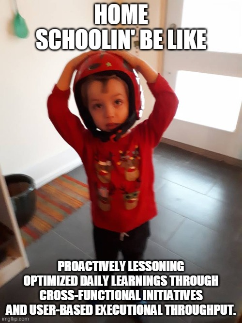 home schoolin' | HOME SCHOOLIN' BE LIKE; PROACTIVELY LESSONING OPTIMIZED DAILY LEARNINGS THROUGH CROSS-FUNCTIONAL INITIATIVES AND USER-BASED EXECUTIONAL THROUGHPUT. | image tagged in home schooling,covid-19 | made w/ Imgflip meme maker