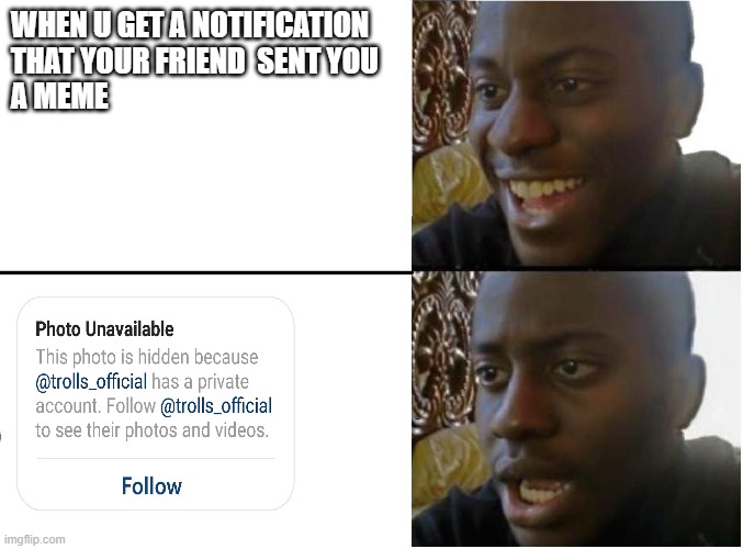 ooofff | WHEN U GET A NOTIFICATION 
THAT YOUR FRIEND  SENT YOU
A MEME | image tagged in lol,so funny | made w/ Imgflip meme maker