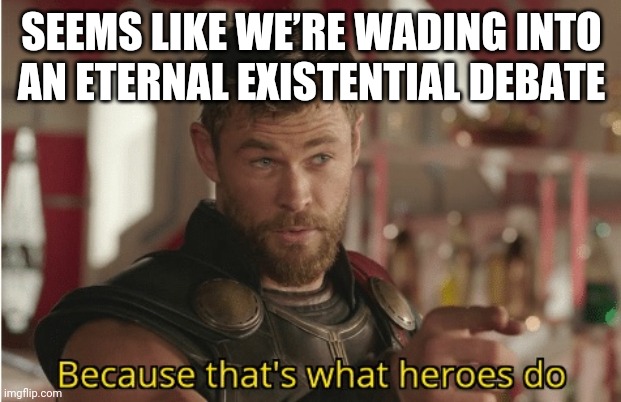 That’s what heroes do | SEEMS LIKE WE’RE WADING INTO AN ETERNAL EXISTENTIAL DEBATE | image tagged in that s what heroes do | made w/ Imgflip meme maker