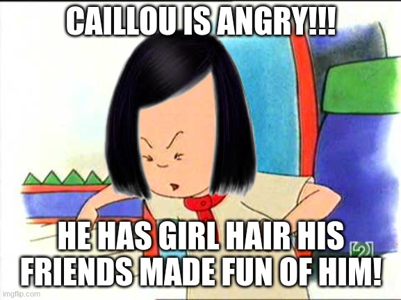 Angry caillou | CAILLOU IS ANGRY!!! HE HAS GIRL HAIR HIS FRIENDS MADE FUN OF HIM! | image tagged in angry caillou | made w/ Imgflip meme maker