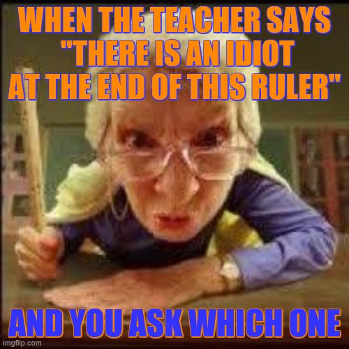 Angry Teacher |  WHEN THE TEACHER SAYS
 "THERE IS AN IDIOT AT THE END OF THIS RULER"; AND YOU ASK WHICH ONE | image tagged in angry teacher | made w/ Imgflip meme maker
