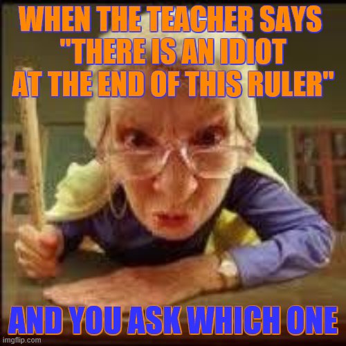Angry Teacher | WHEN THE TEACHER SAYS 
"THERE IS AN IDIOT AT THE END OF THIS RULER"; AND YOU ASK WHICH ONE | image tagged in angry teacher | made w/ Imgflip meme maker