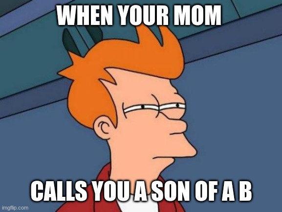 hmm | WHEN YOUR MOM; CALLS YOU A SON OF A B | image tagged in memes,futurama fry | made w/ Imgflip meme maker
