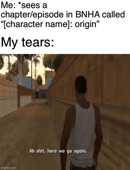 Me: *sees a chapter/episode in BNHA called “[character name]: origin”; My tears: | image tagged in blank white template,my hero academia,bnha,mha,boku no hero academia,ah shit here we go again | made w/ Imgflip meme maker