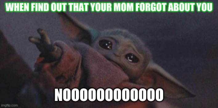 Baby yoda cry | WHEN FIND OUT THAT YOUR MOM FORGOT ABOUT YOU; NOOOOOOOOOOOO | image tagged in baby yoda cry | made w/ Imgflip meme maker