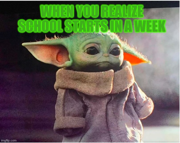Sad Baby Yoda | WHEN YOU REALIZE SCHOOL STARTS IN A WEEK | image tagged in sad baby yoda | made w/ Imgflip meme maker