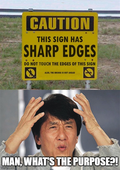 MAN, WHAT'S THE PURPOSE?! | image tagged in jackie chan confused,caution this sign has sharp edges | made w/ Imgflip meme maker