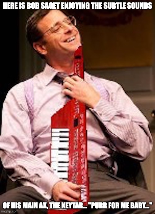 Saget With Keytar | HERE IS BOB SAGET ENJOYING THE SUBTLE SOUNDS; OF HIS MAIN AX, THE KEYTAR... "PURR FOR ME BABY..." | image tagged in bob saget,memes | made w/ Imgflip meme maker